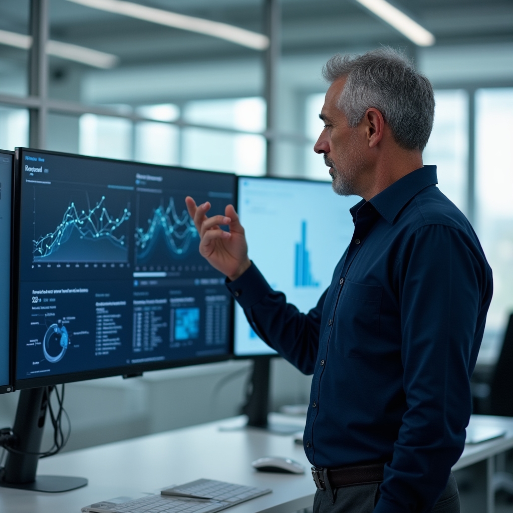 Data analyst reviewing behavioural financial patterns on multiple screens in a modern office
