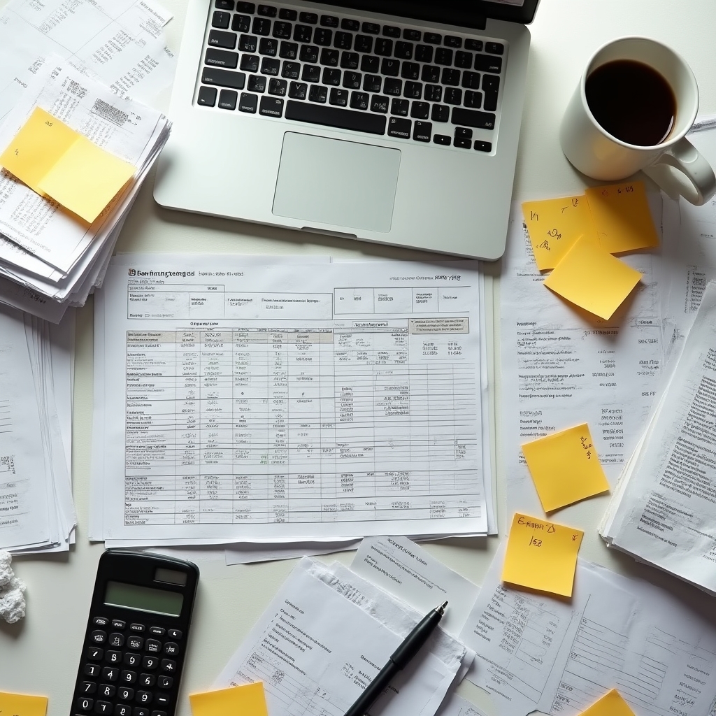 Cluttered financial documents and confusing spreadsheets representing financial uncertainty before using the platform