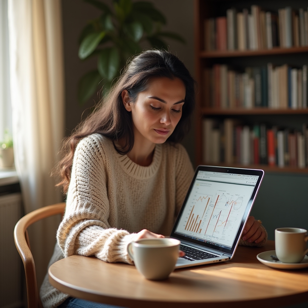Person sitting at a desk reviewing savings patterns on a laptop, surrounded by natural light and plants in a calm home office setting